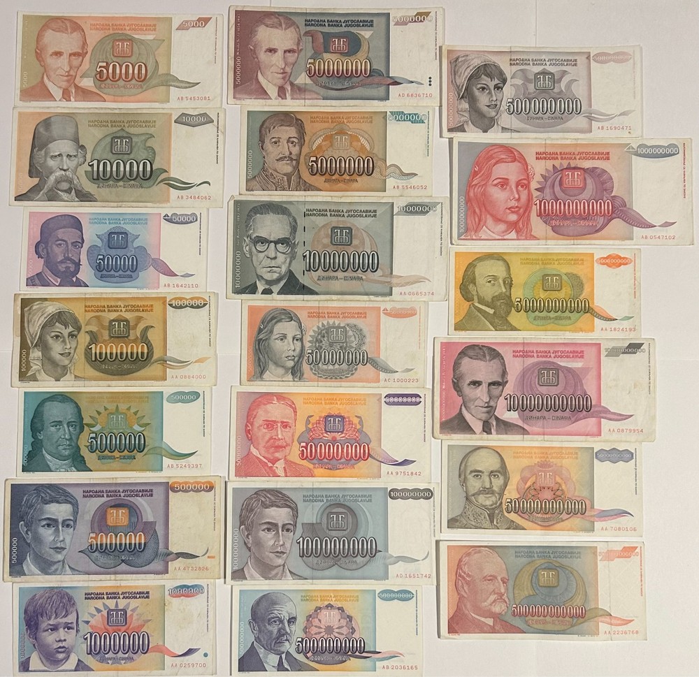 Yugoslavia 5000 - 500 Billion Inflation  Banknotes (20 Notes) (Circulated)