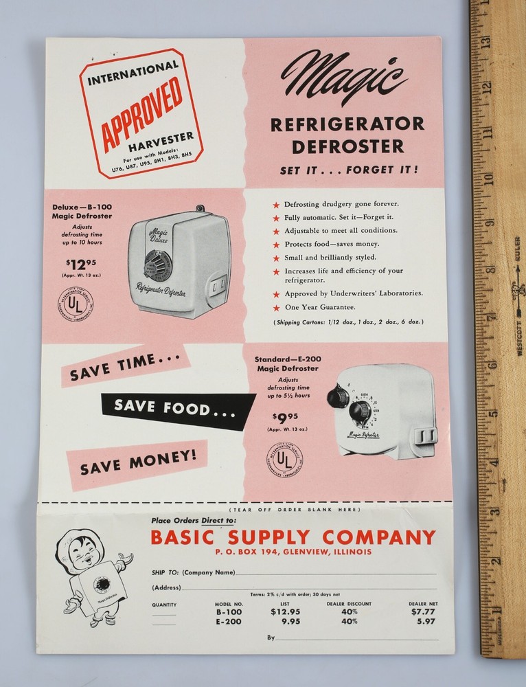 Vintage Basic Supply Co. Magic Refrigerator Defroster Order Form Glenview IL
