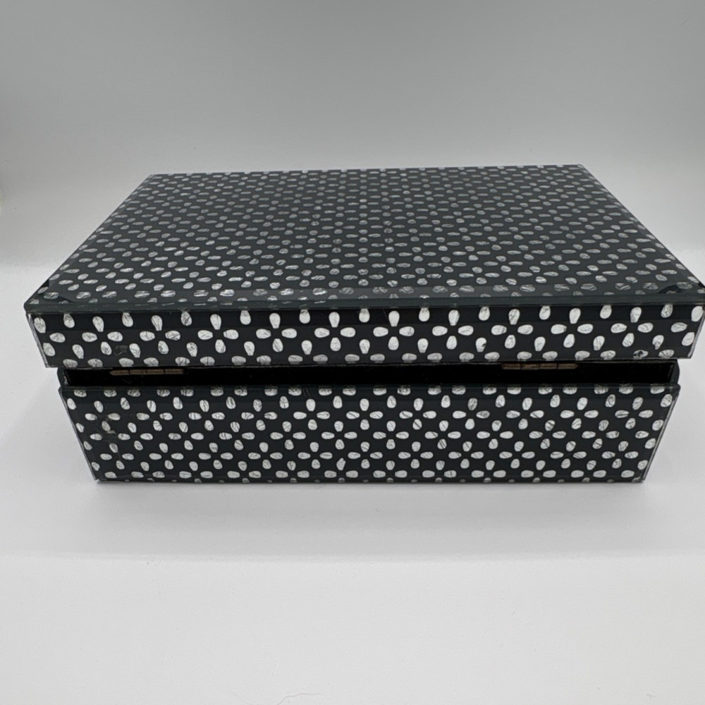 Black White Polka Dot Glass Lockable Decorative Box Medium Rectangular 9x6x3in