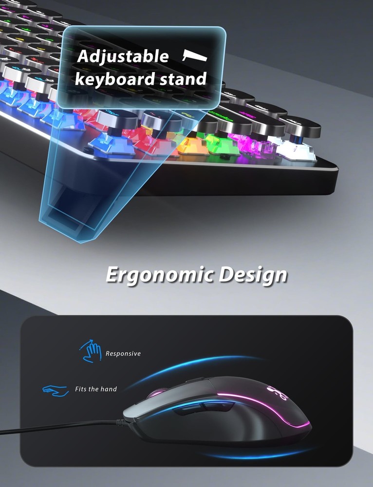 Typewriter Style Mechanical Gaming Keyboard Blue Switch, Rainbow LED Backlit ...