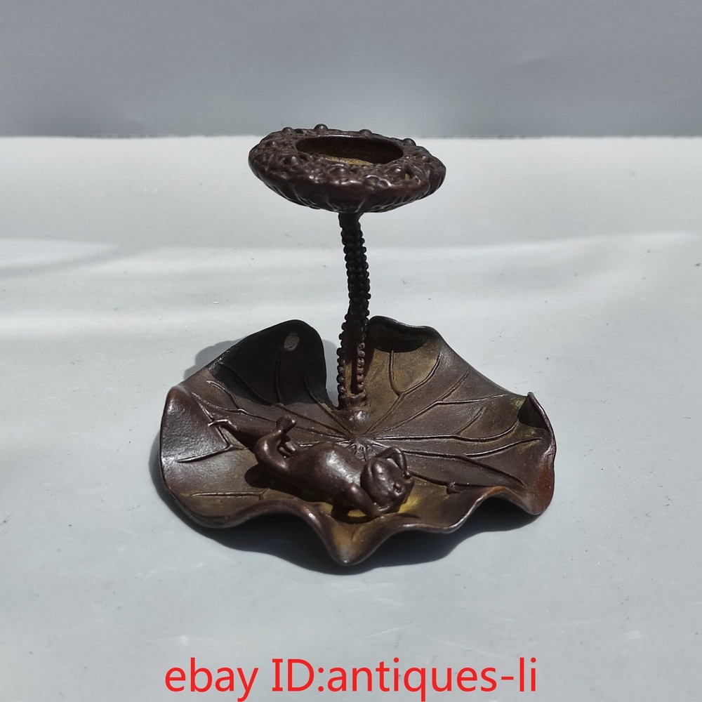 China antique purple copper solid lotus leaf frog shape backflow incense stick