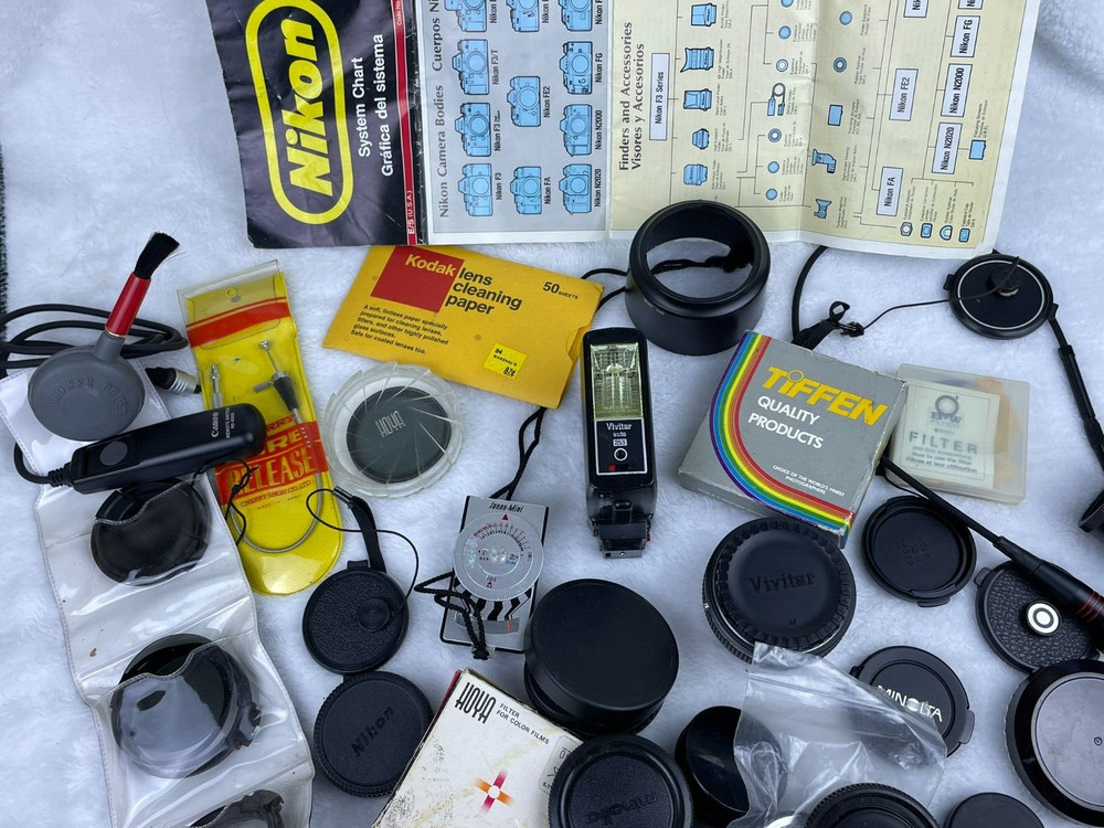 Camera Gear Lot Nikon System Chart Flash Shutter Release Cable Filters Caps SEE