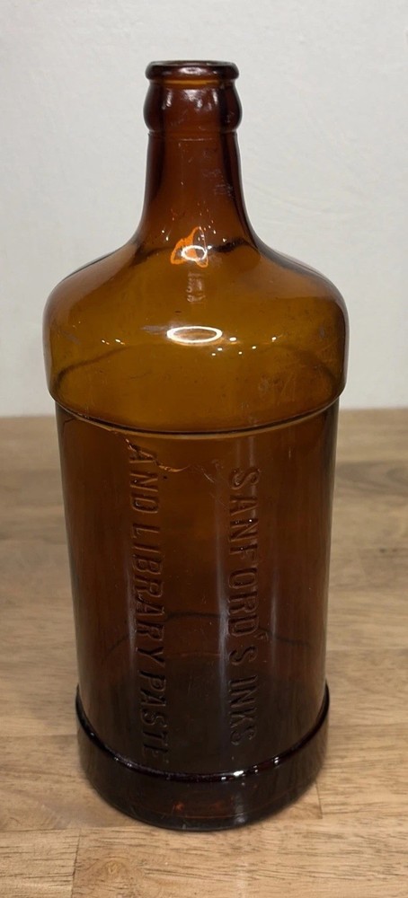 Antique Sanford’s Inks & Library Paste One Quart Bottle Embossed Amber 9.5”x3.5”