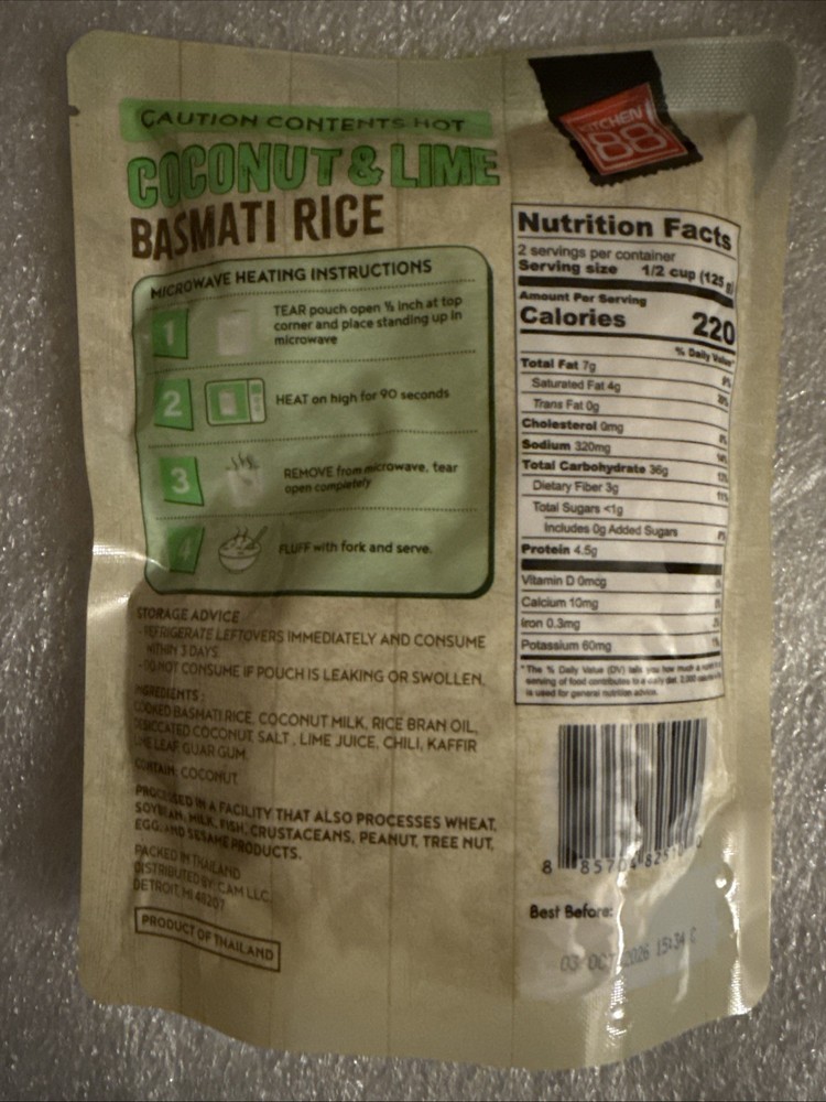 Kitchen 88 Coconut Lime Rice, 8.8 oz., 3 Packets Free Shipping
