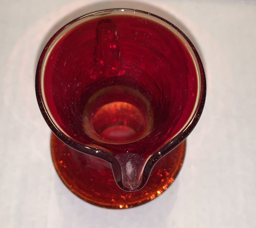 Vintage Amberina Crackle Creamer Small Pitcher Applied Handle - Glows