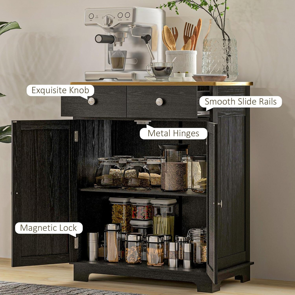 Modern Distressed Black Sideboard Buffet Cabinet with Solid Wood Top & Storage