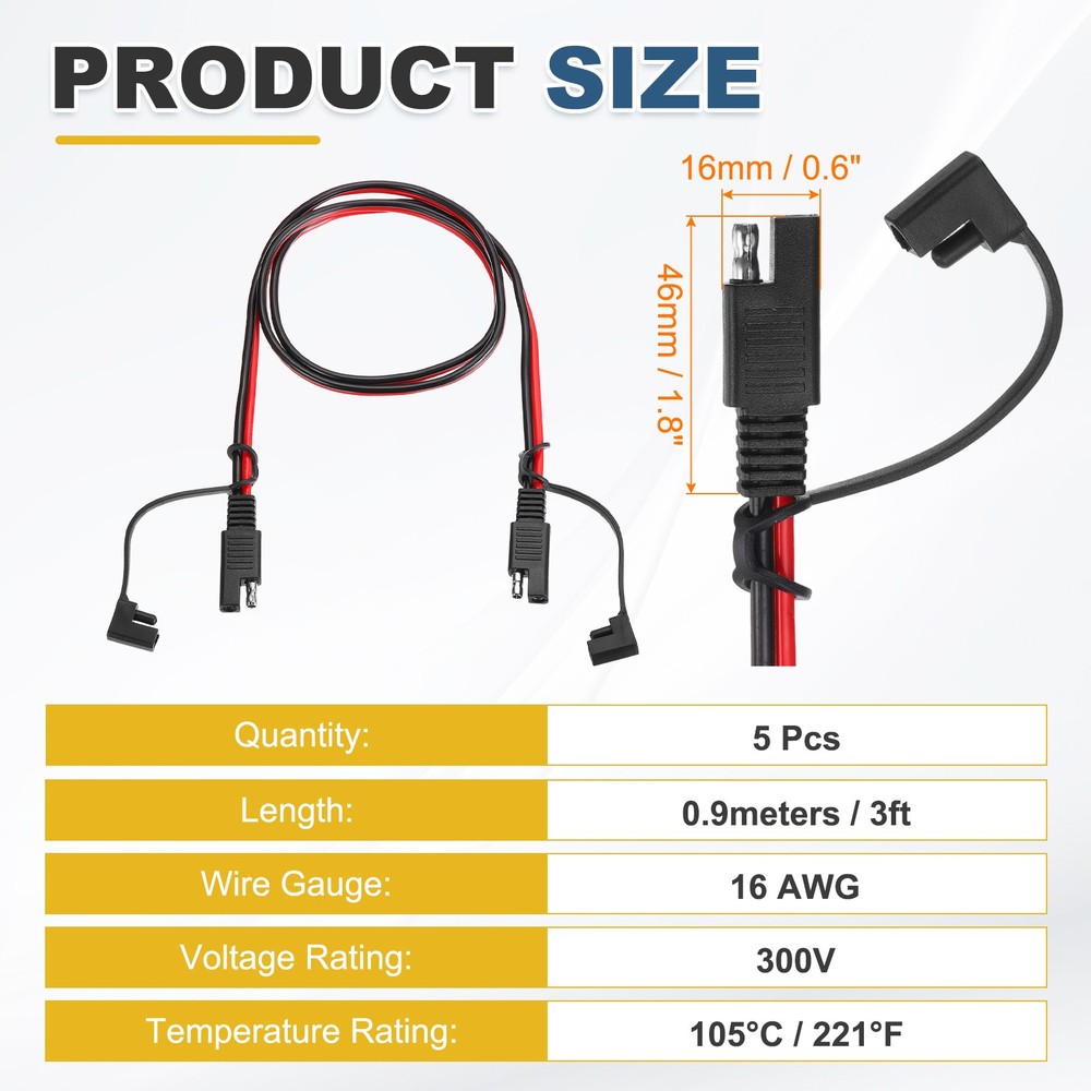 5pcs SAE Extension Cable, 16 AWG Quick Disconnect SAE Cable Wire Harness, 3ft