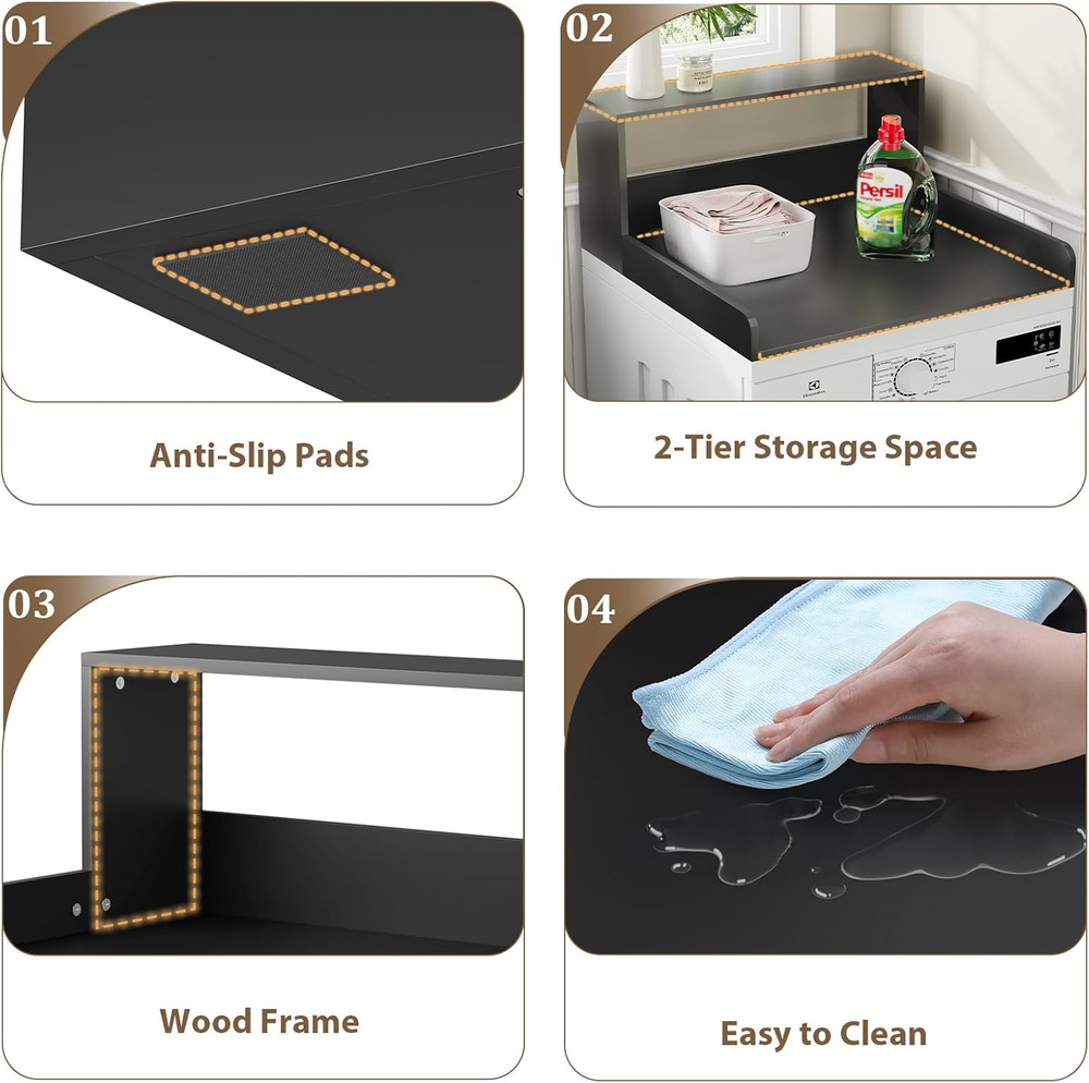 Sturdy Washer Dryer Countertop with Shelf - Black Laundry Room Storage Solution