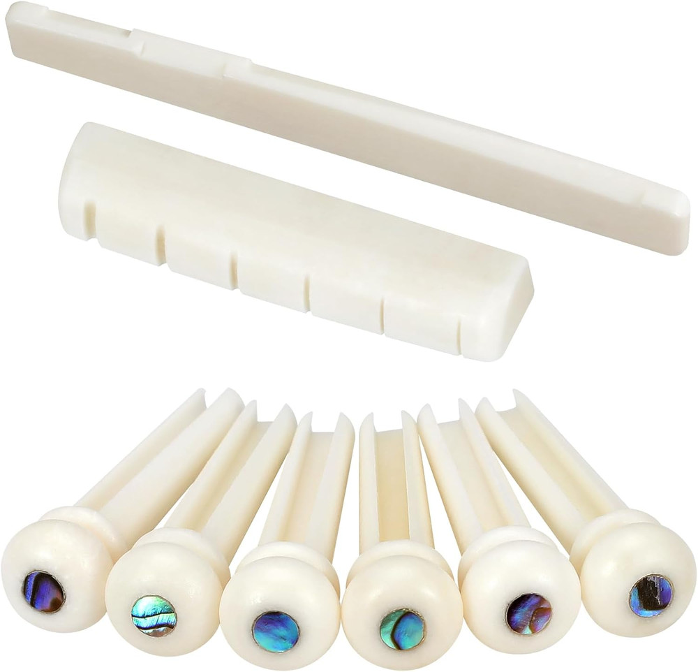 6 String Acoustic Guitar Bone Bridge Saddle, Nut & 6 Bone Bridge Pins