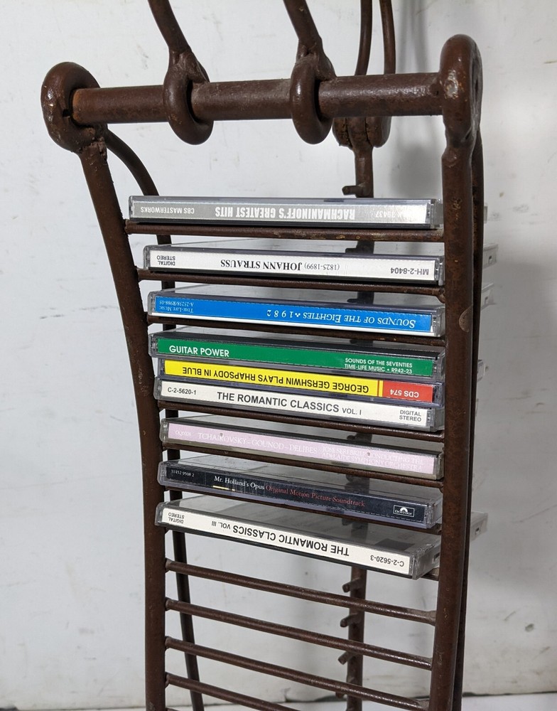 Vintage Rustic Wrought Iron Sculptural CD Storage Display Rack Stand Handle