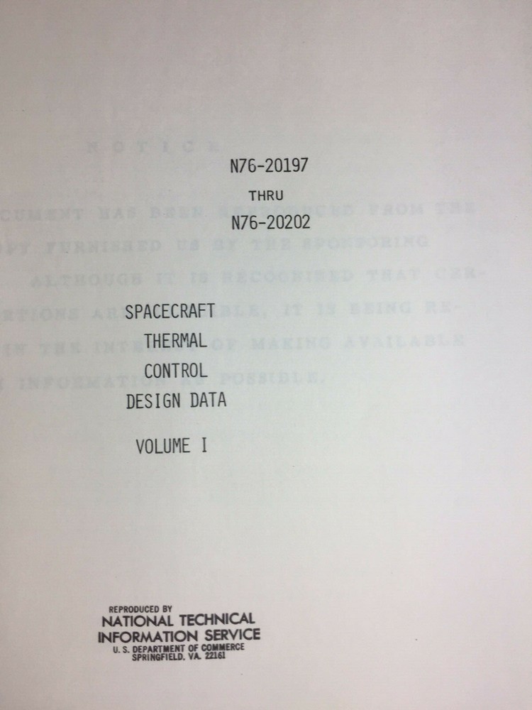 1975 SPACECRAFT THERMAL CONTROL DATA, VOLUME 1, US NATNL TECHNICAL INFO SERVICE