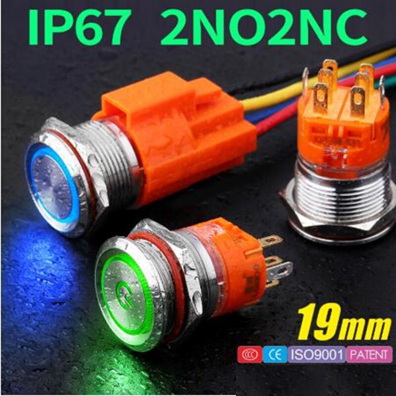 19mm Latching LED light 110V Red Blue Button Waterproof Metal Push Button Switch