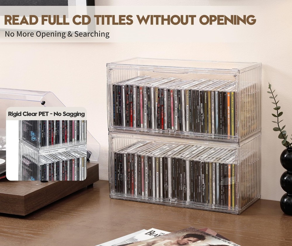 2-Pack Clear CD Storage Box, Stackable CD Case Holder with Full-View Design, ...