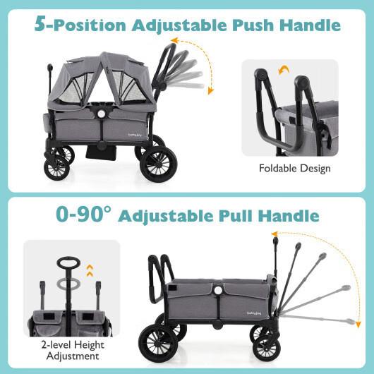 2 Seater Push Pull Collapsible Kids Wagon Stroller with Adjustable Handlebars-Bl