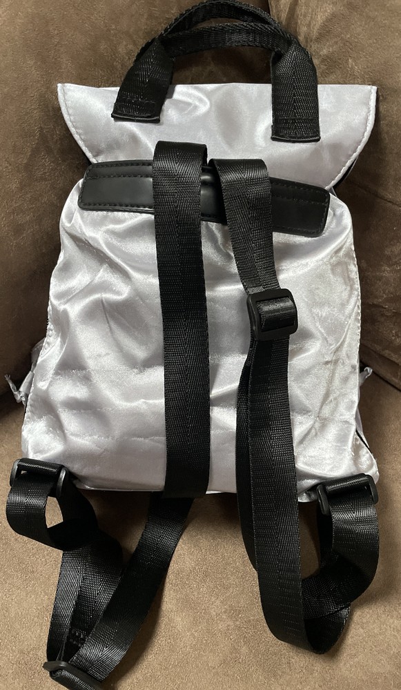 JUSTICE MINI BACKPACK SILVER/BLACK SATIN SUPER CUTE!!