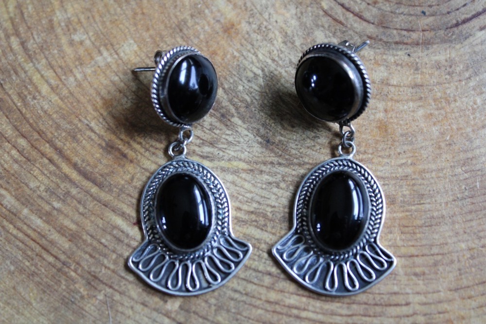 Onyx & Sterling Silver Round & Oval Dangle Earrings
