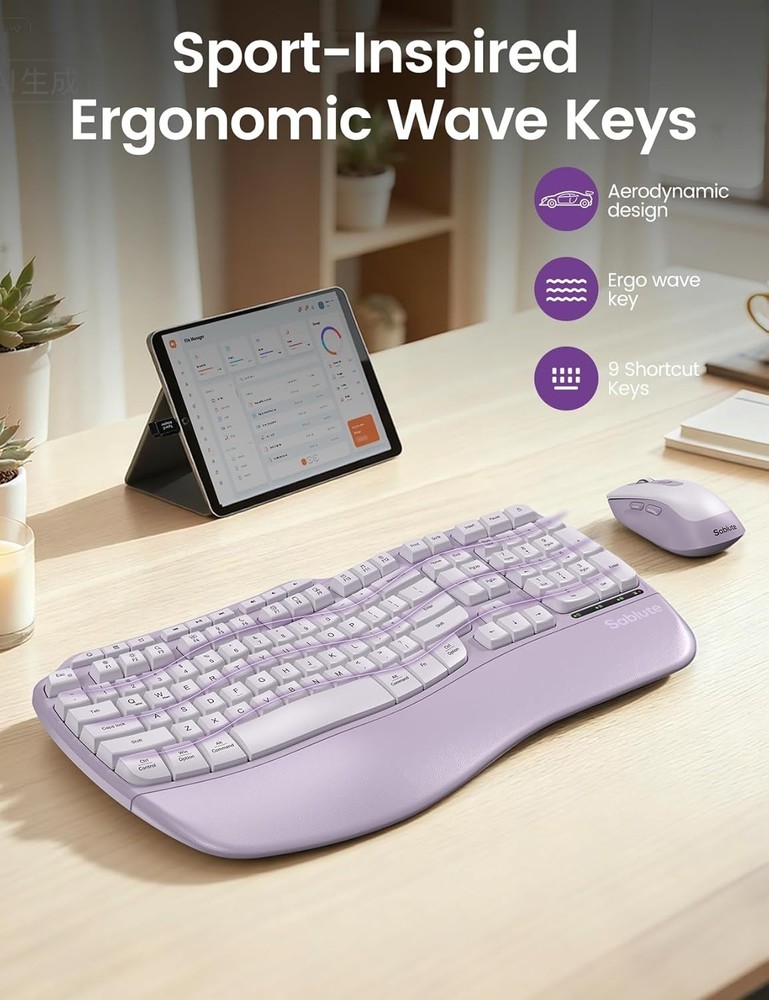 Ergonomic Wireless Keyboard Mouse Combo Purple Wave Design Silent