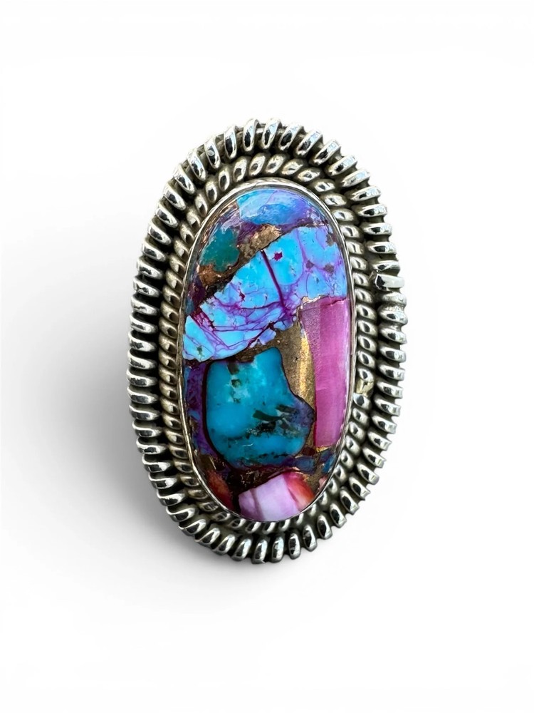Kingman Pink Dahlia Turquoise Solid 925 Sterling Silver Ring – Size 6