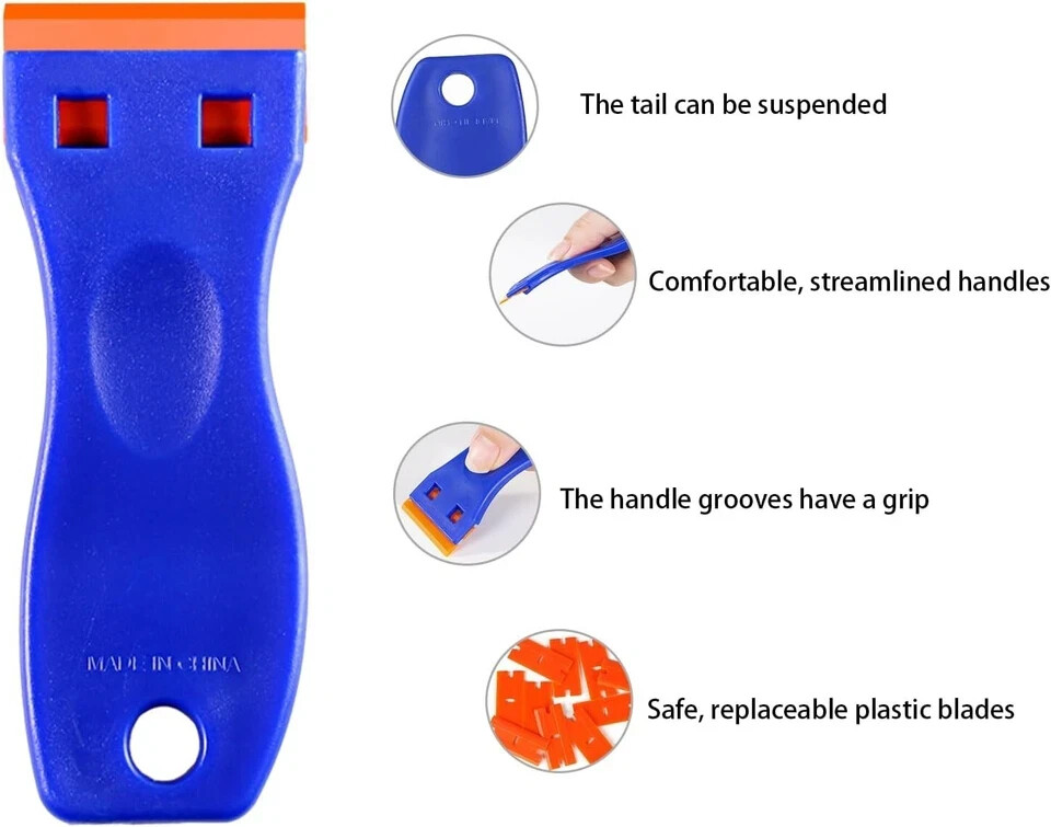 4 PCS Plastic Razor Blade Scraper and 120 Blades, Blue