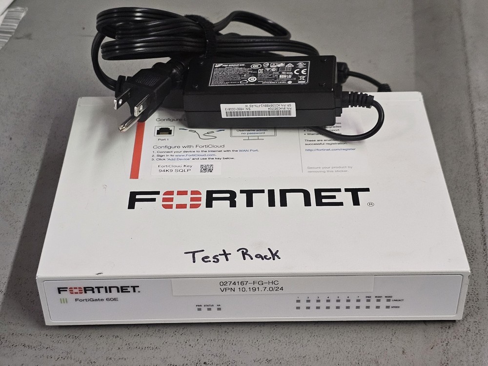 Fortinet Fortigate-60E Network Security Firewall Initialized FG-60E w/Adapter