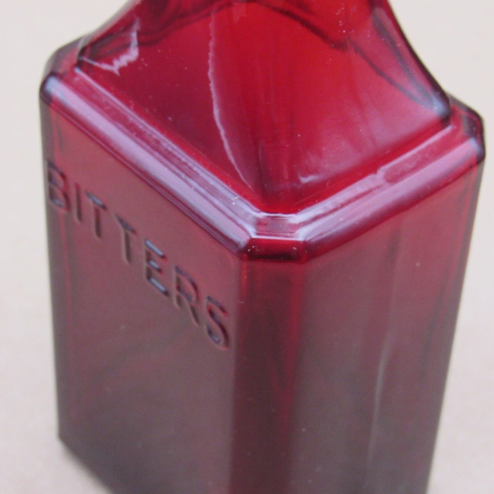 Wheaton Bottle, Ruby Red Bitters, 6" Rectangle Base, Embossed Text, Vintage NJ