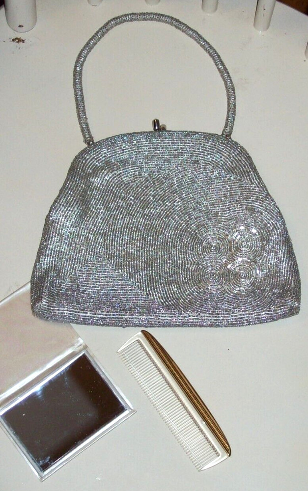 VTG Silver Circle Bead Patterned Purse Handbag w/ Beaded Handle  Mirror & Comb