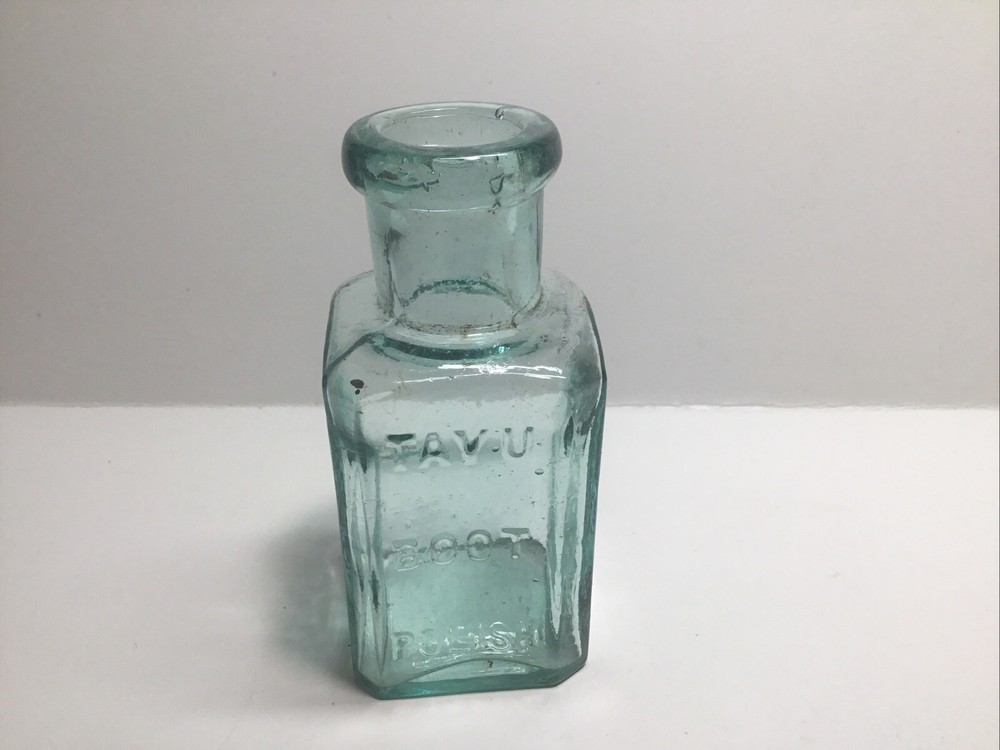 Small Square Antique Aqua Tavu Boot Polish Bottle.
