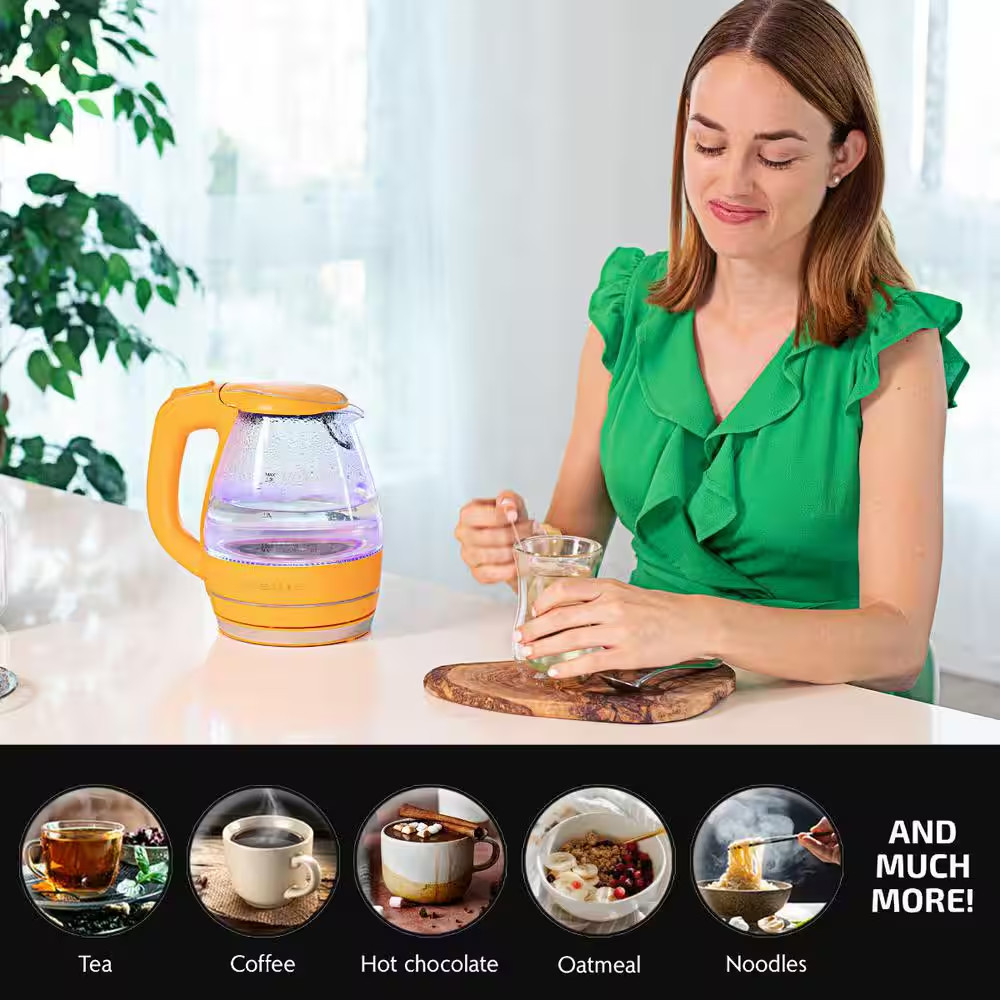Illuminated 6.5-Cup Orange Electric Kettle with Filter, Fast Heating and Auto-Sh