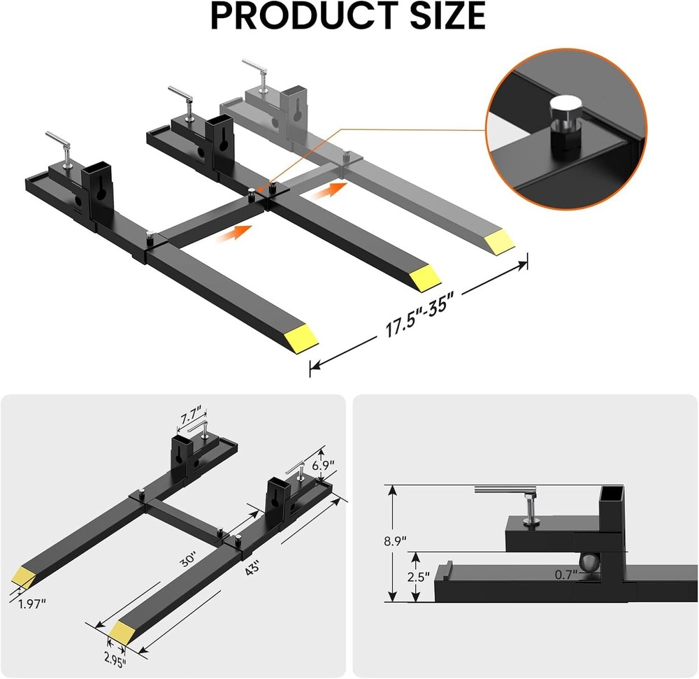 60" Pallet Forks with Adjustable Stabilizer Bar (17"-35") 2000 lbs Capacity