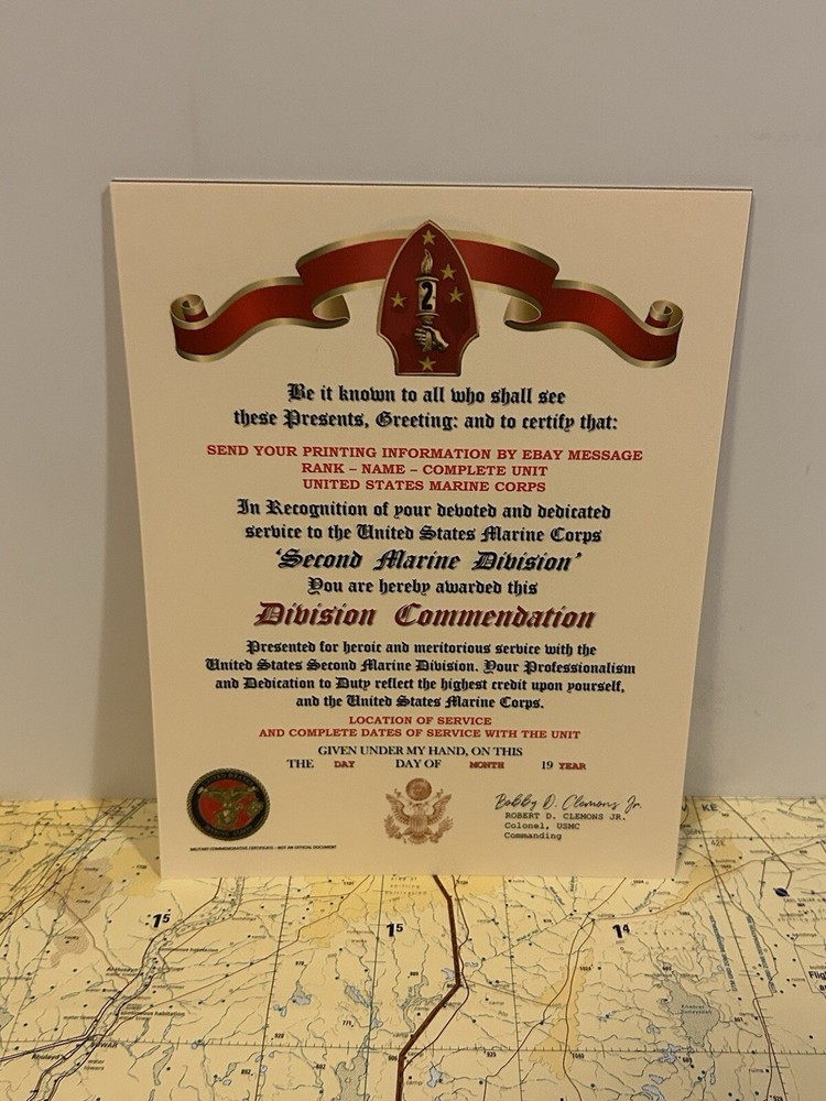 U.S.M.C. / 2ND MARINE DIVISION ~ DIVISION COMMENDATION REPLACEMENT CERTIFICATE