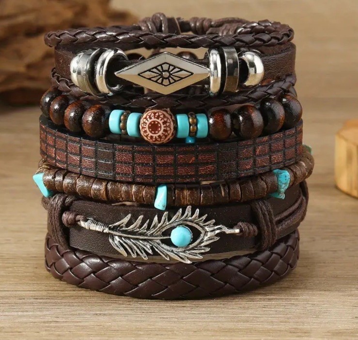 6 PC PU Leather Punk Bead Bracelet Stackable Adjustable Tie New Free Ship B8501