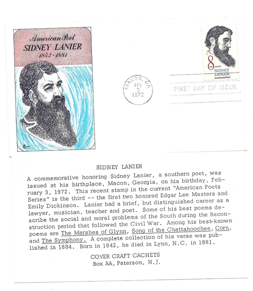 1446 Sidney Lanier Cover Craft Cachets, CCC, FDC
