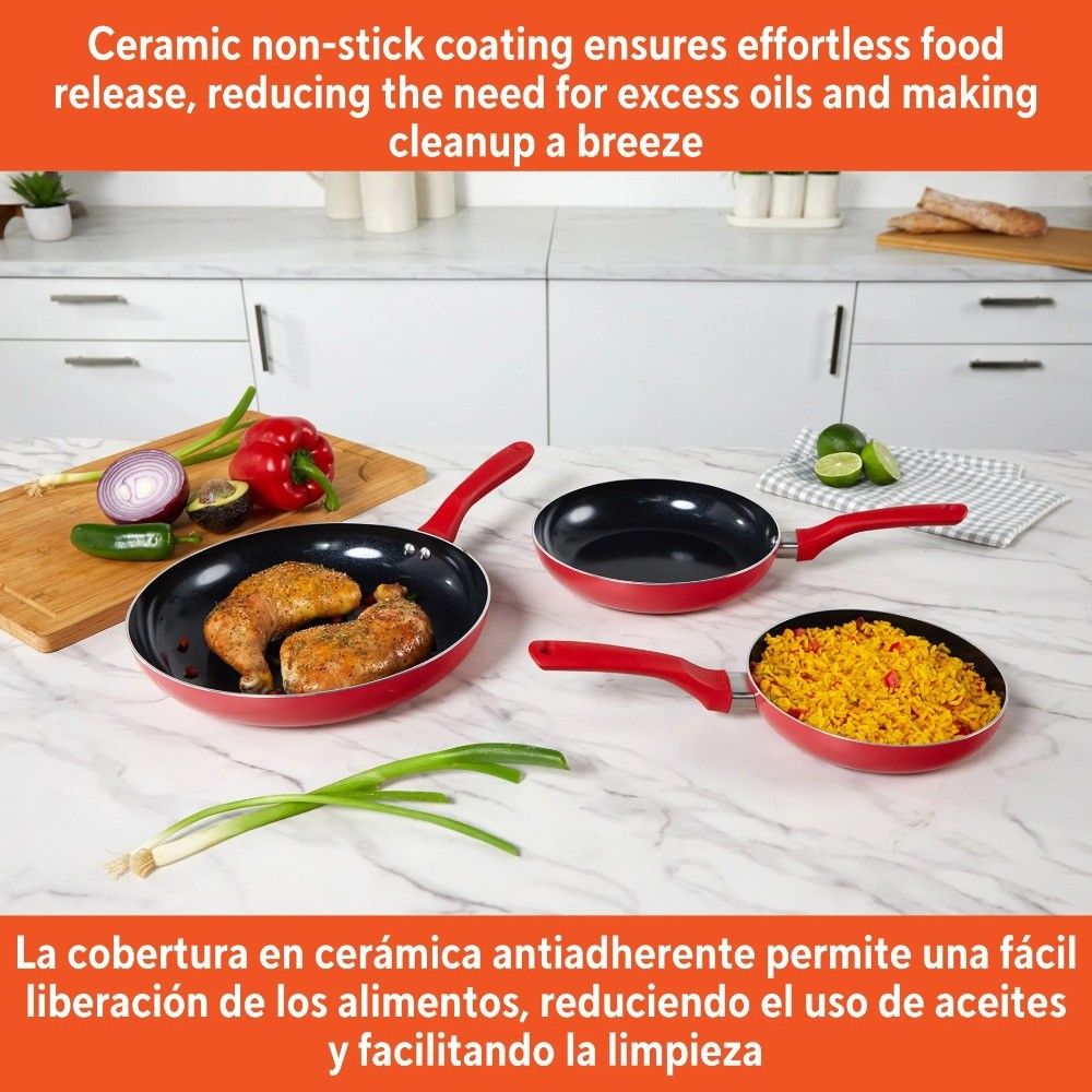 3-Piece Nonstick Ceramic Cookware Set, 7"/9"/11", Red​