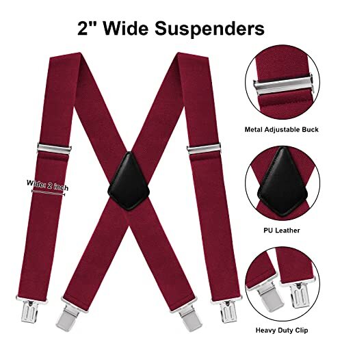Mens Suspenders X-Back 2" Wide Adjustable Solid Straight Heavy 05 X-back (Red)