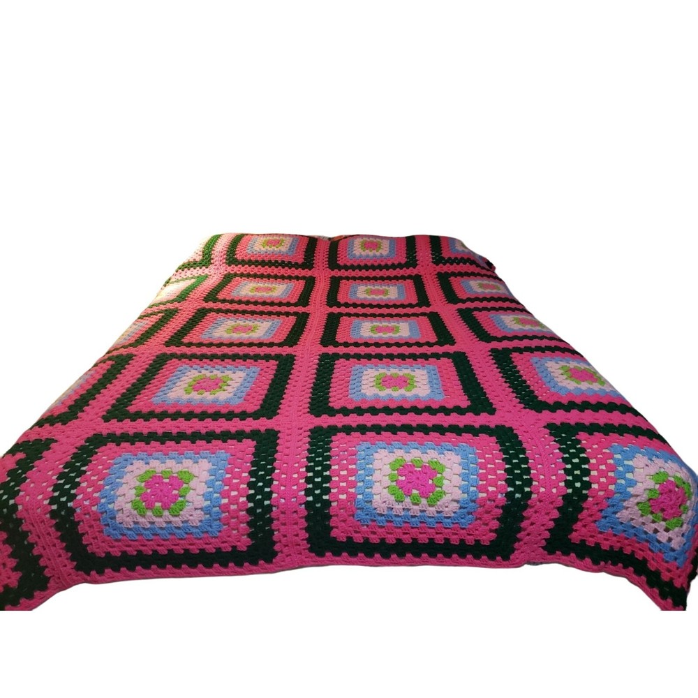 Granny Square handmade Crochet 77" x 98" Bedspread Throw Multicolor