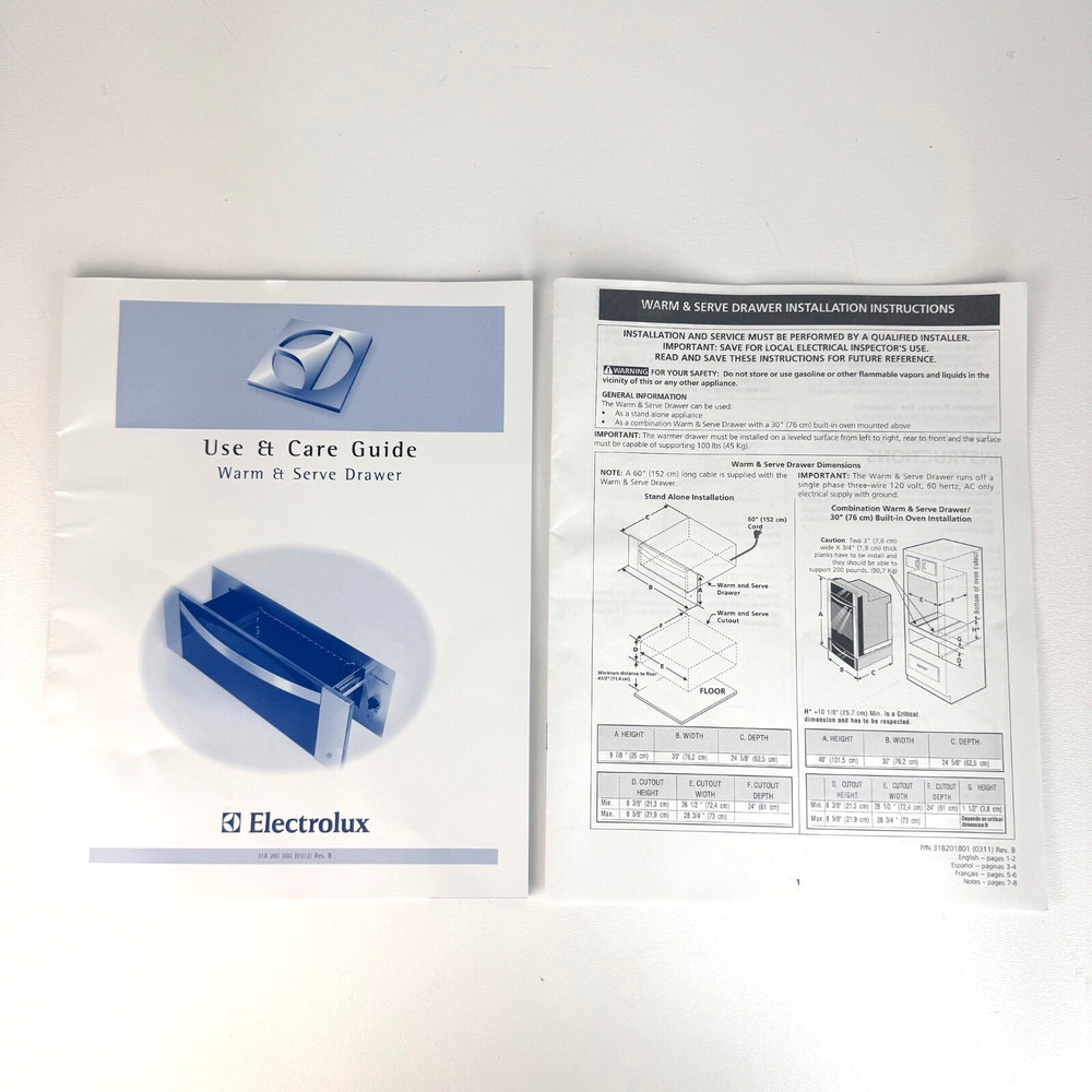 Electrolux Warm & Serve Drawer Use Care Guide Installation Instructions Manual