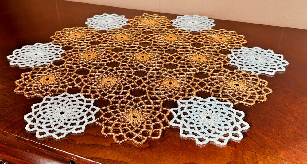 HANDMADE GOLD & WHITE CROCHET BEADED DOILY 19"