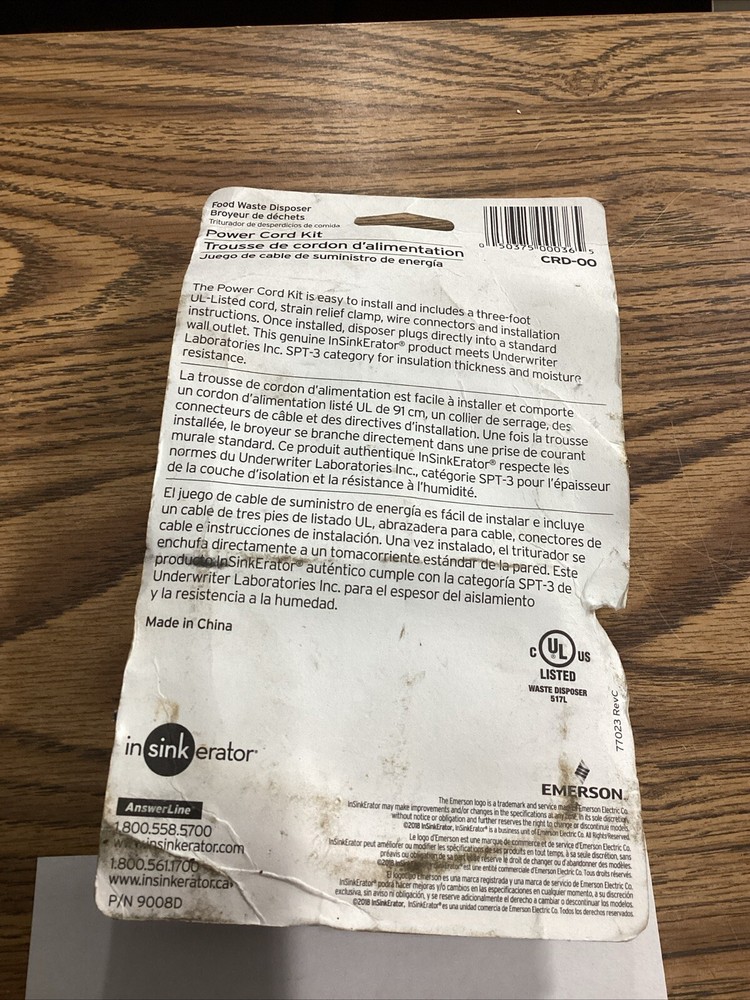 Garbage Disposal Power Cord Kit For Insinkerator CRD-OO