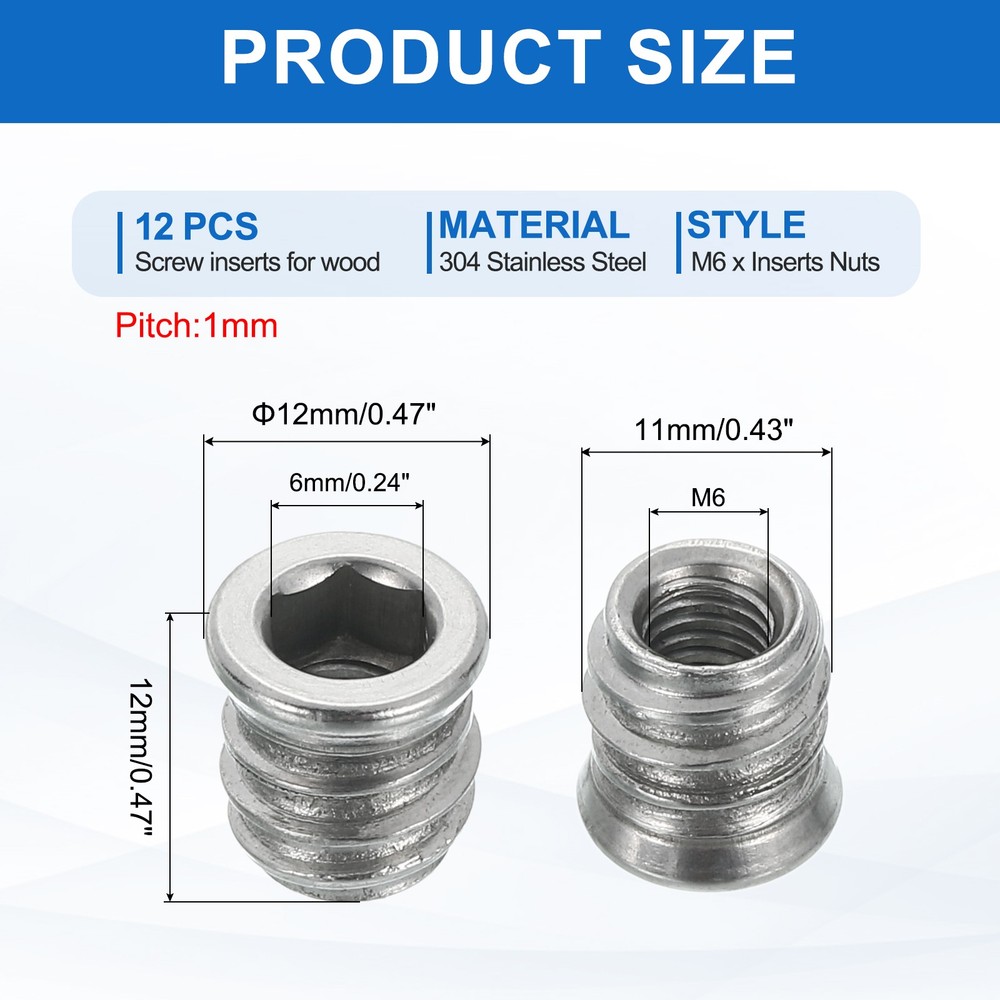 12Pcs Threaded Inserts Nuts, M6x12mm Hex Socket Drive Nut Inserts for Wood