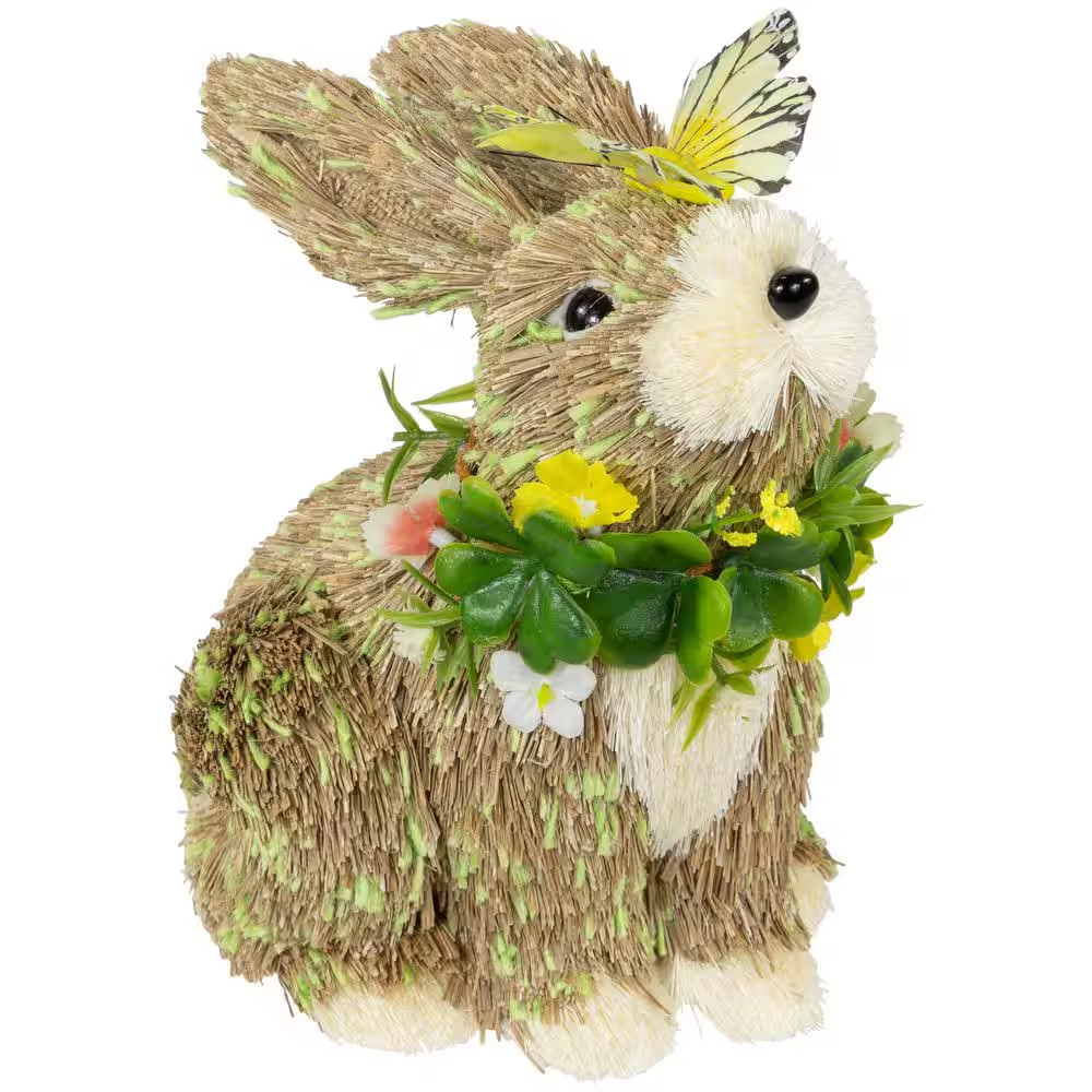 Easter Bunny with Butterfly Straw Figurine-8 In.