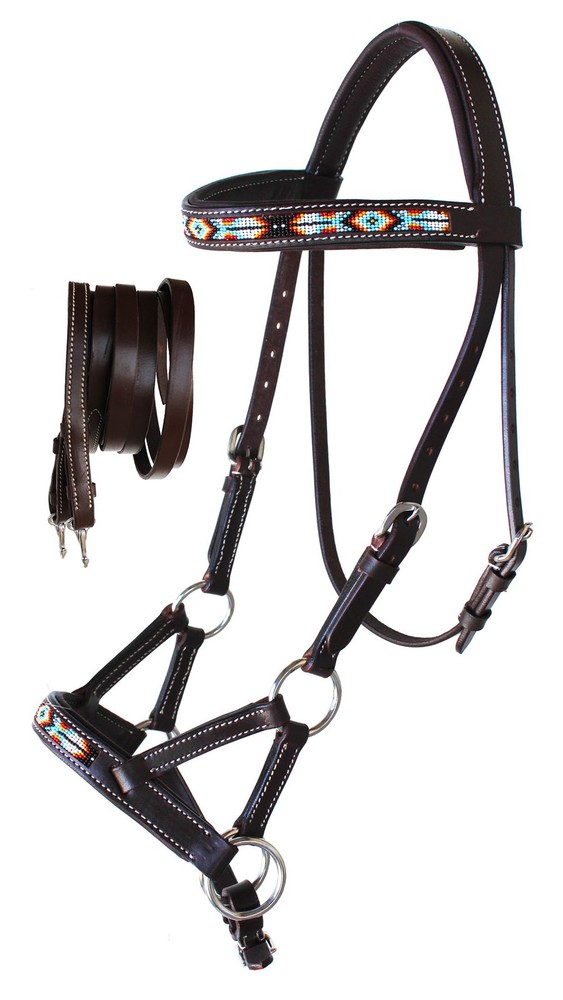 Horse Western Black Leather Bitless Sidepull Beaded Bridle Reins 77RT10