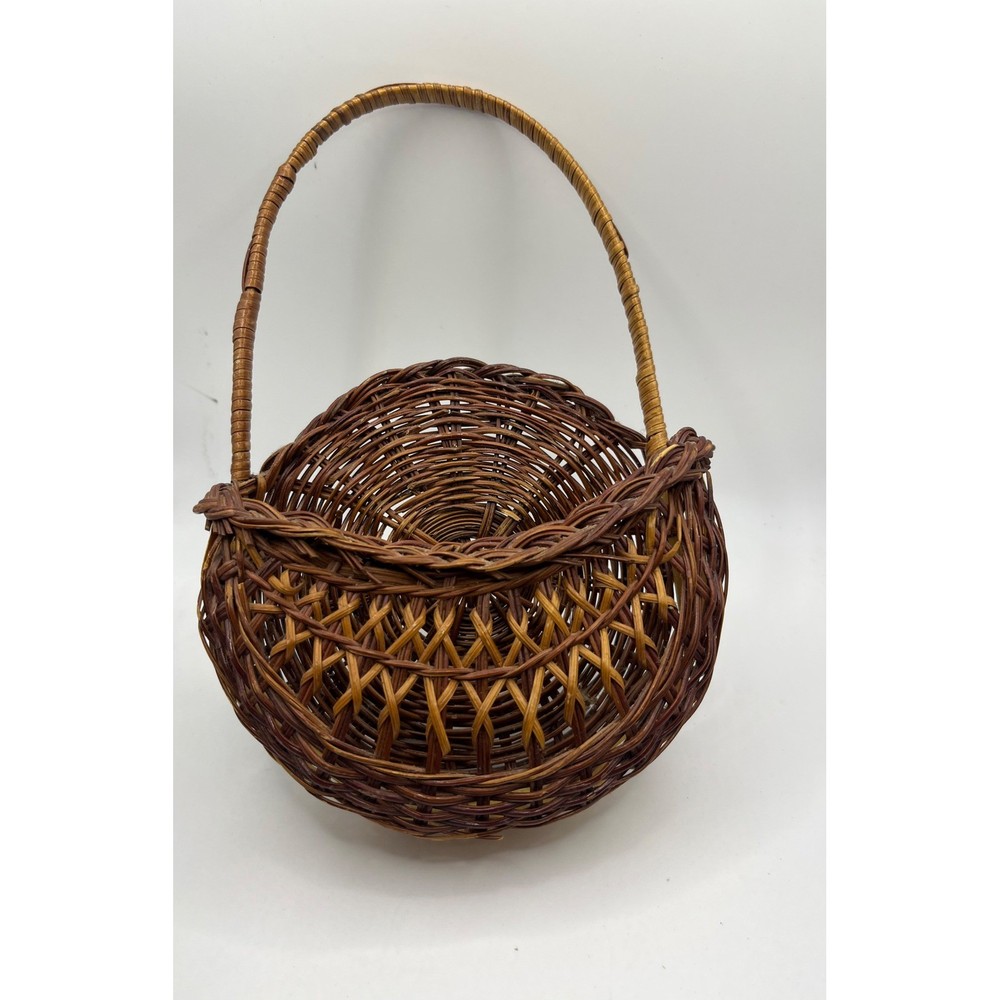 Wicker Basket Round Handle Vintage Brown Woven Decor Storage