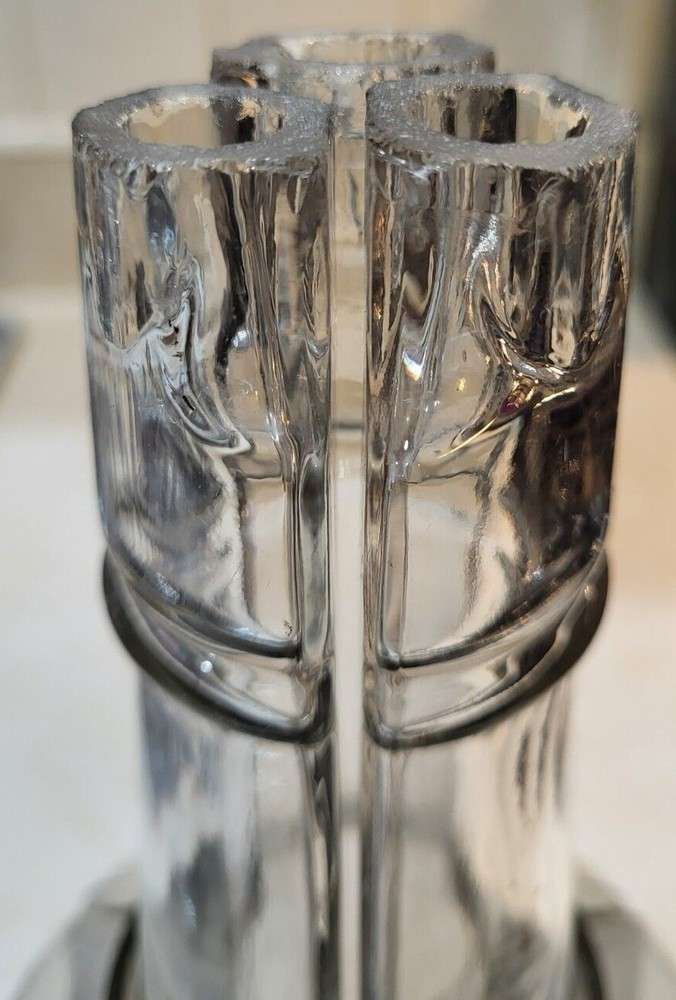 1894 THREE SEGMENTED CORKED BOTTLE SET WITH METAL CARRIER | BUBBLED GLASS