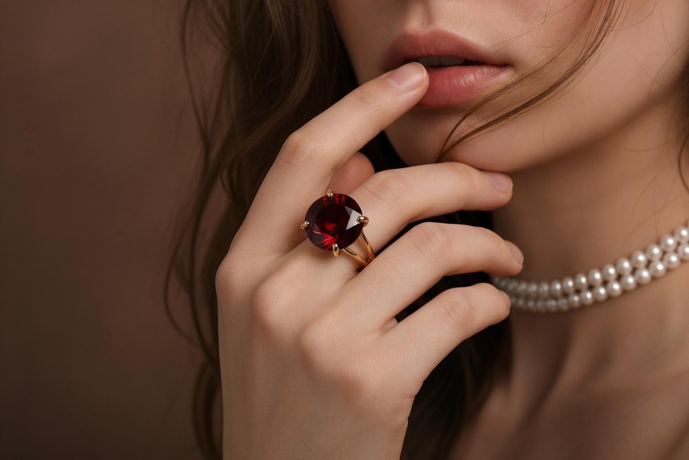 Garnet Sterling Ring Anemone Handmade Solitaire Round Cut 925 Silver