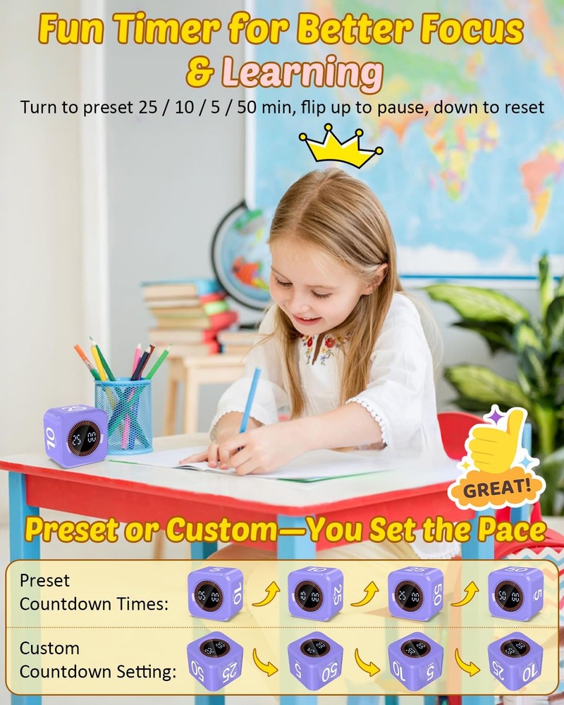 Digital Pomodoro Timer Cube 5/10/25/50min, Visual Productivity Flip Timer for...