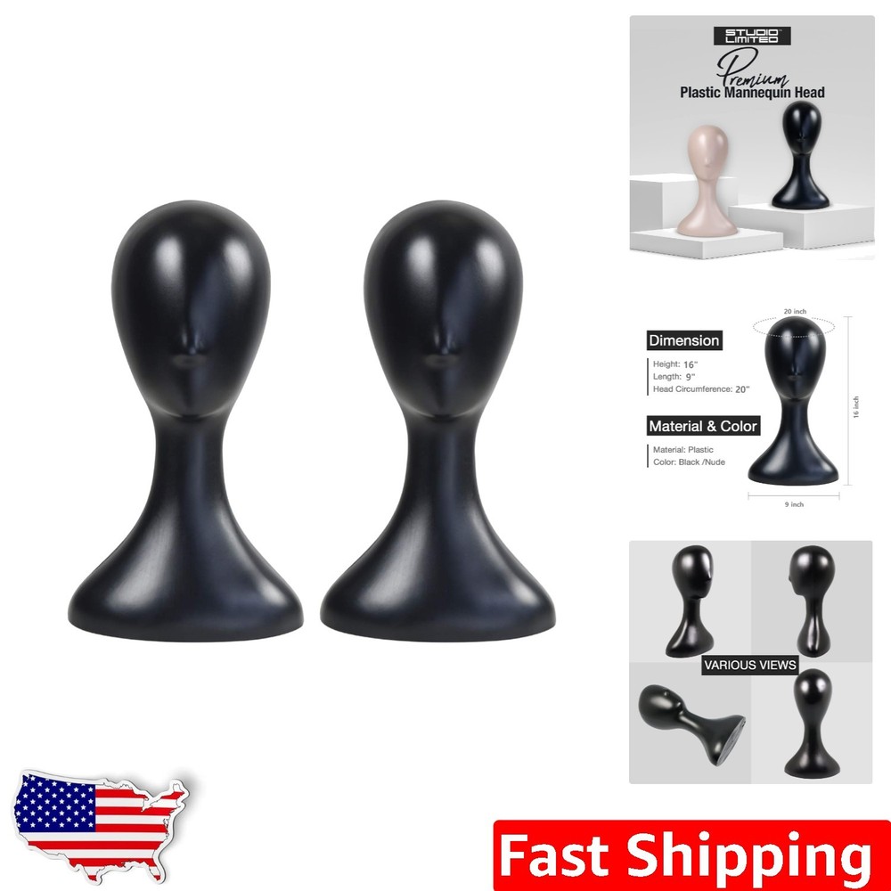 Plastic Mannequin Head 2pk Black, 16" Wig Hat Display Stand, Easy Clean