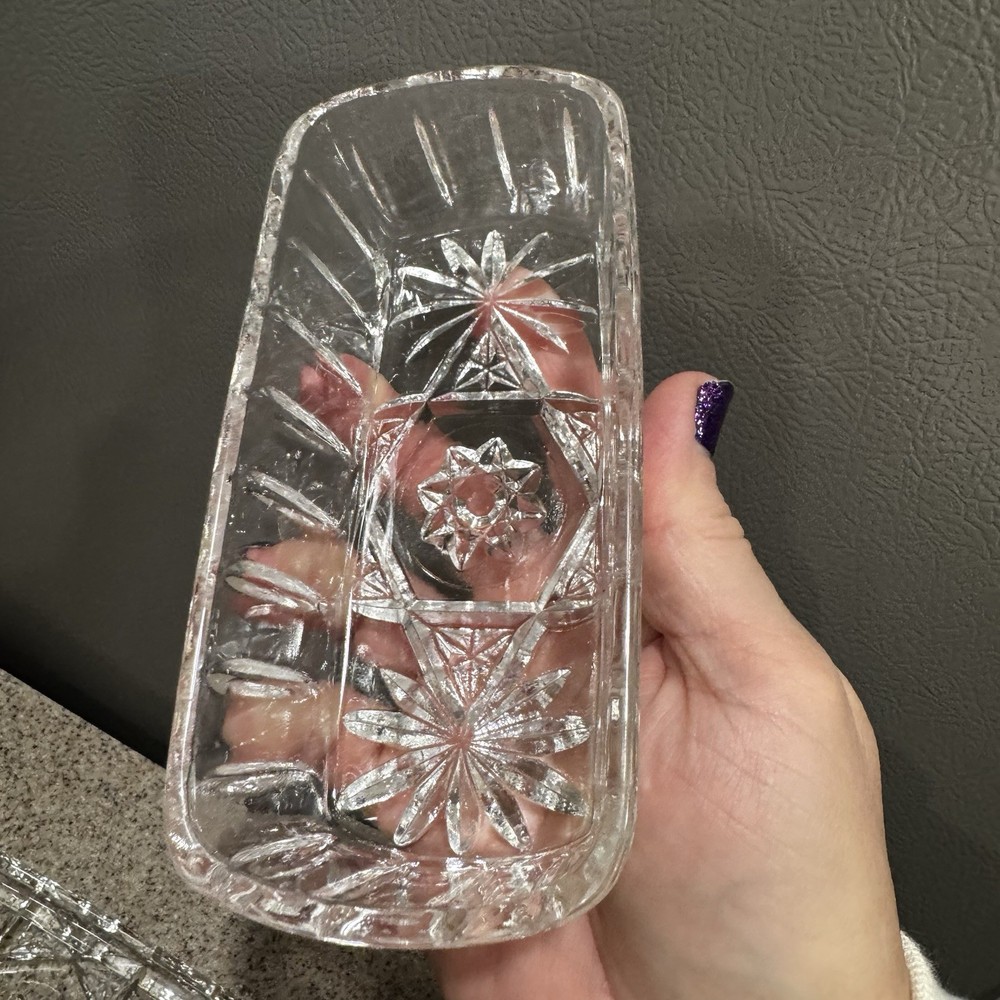 Vtg Anchor Hocking EAP Butter Dish Pressed Cut Clear Glass Star Pattern EUC