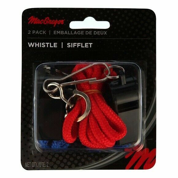 MACGREGOR PVC WHISTLE W/LANYARDS, PACK/2, BLACK