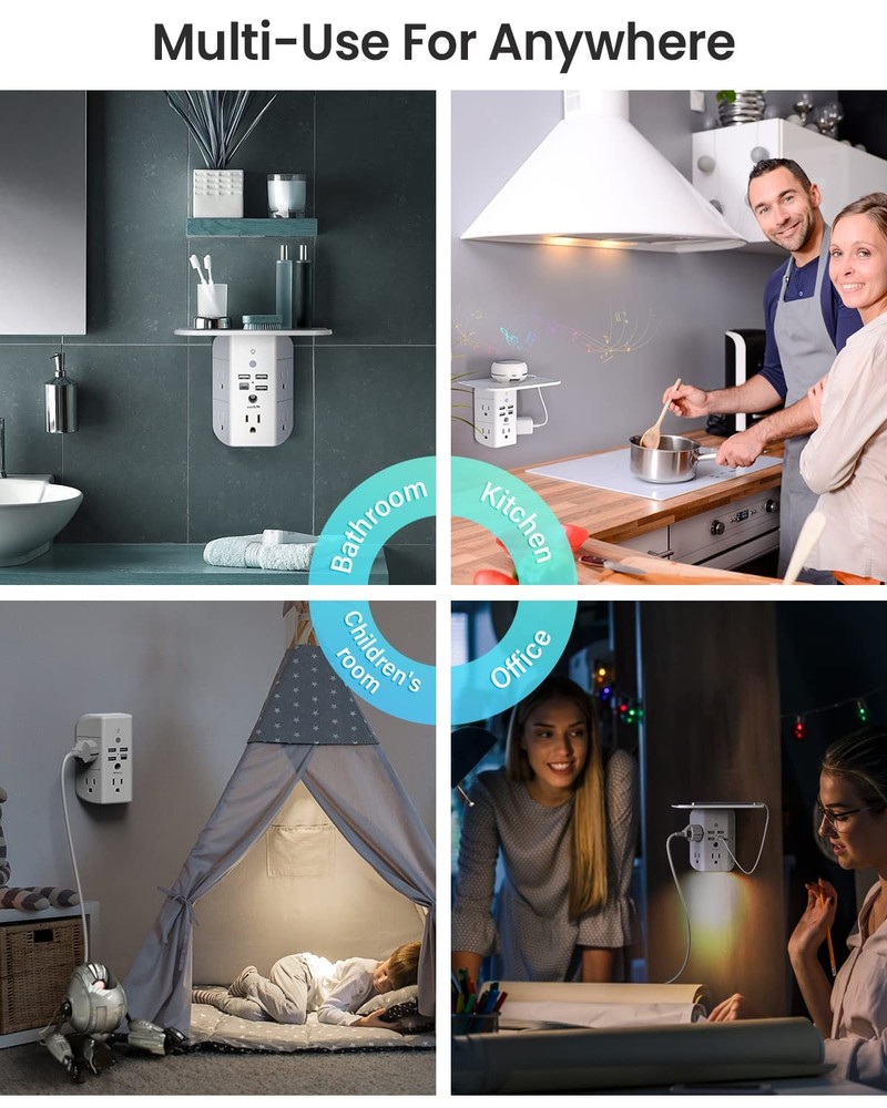 Mifaso 3-Sided Multi Plug Wall Extender Shelf Night Light Surge Protector USB C