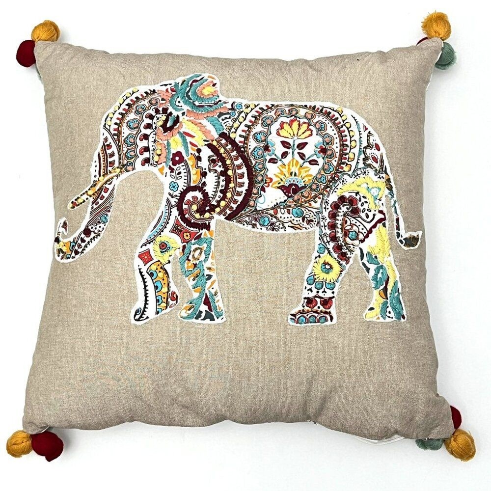 Anthology Elephant Embroidered Duck Down Square Throw Pillow Multicolor Boho